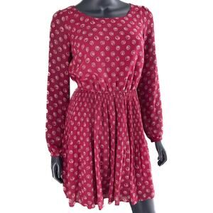 Elle Pink Pleated Dress Long Sleeve Jewel Print strawberry Pink XS